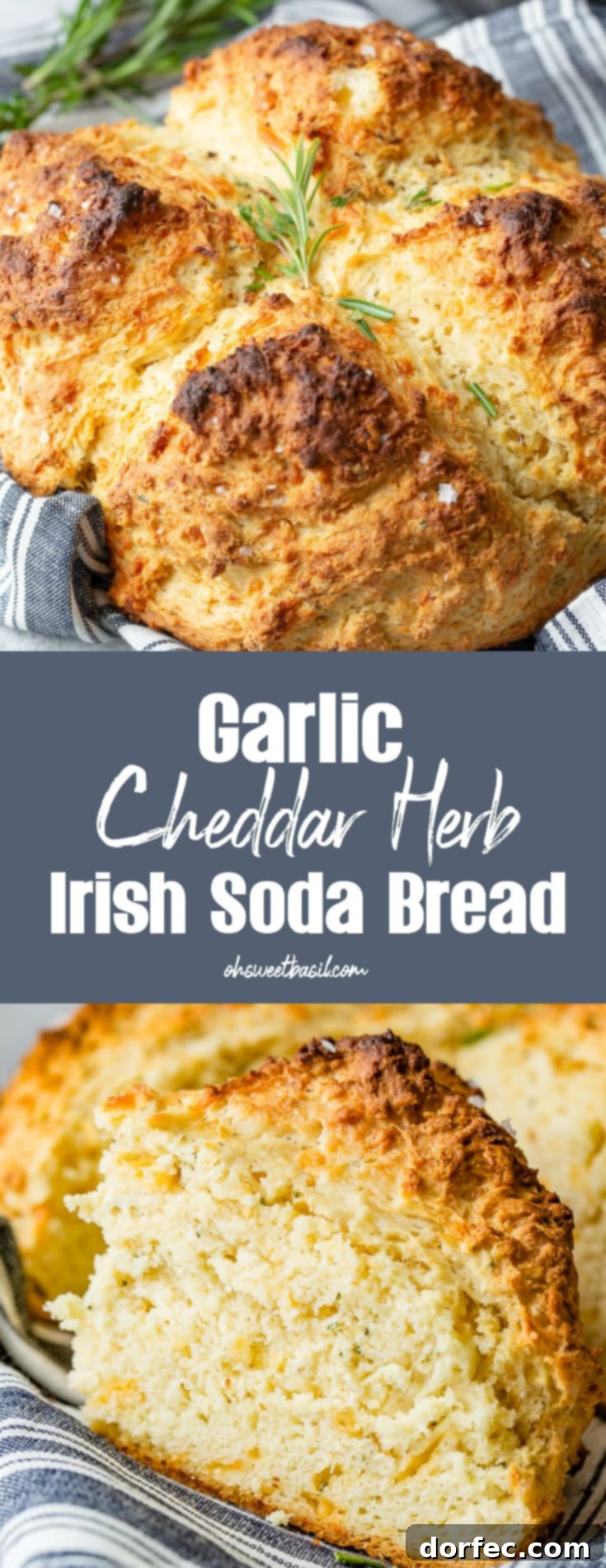 Savory Garlic Cheddar Herb Irish Soda Bread 8 A whole loaf of garlic cheddar herb irish soda bread sitting on a blue and white striped cloth napkin and topped with sprigs of fresh rosemary, inviting you to try it.
