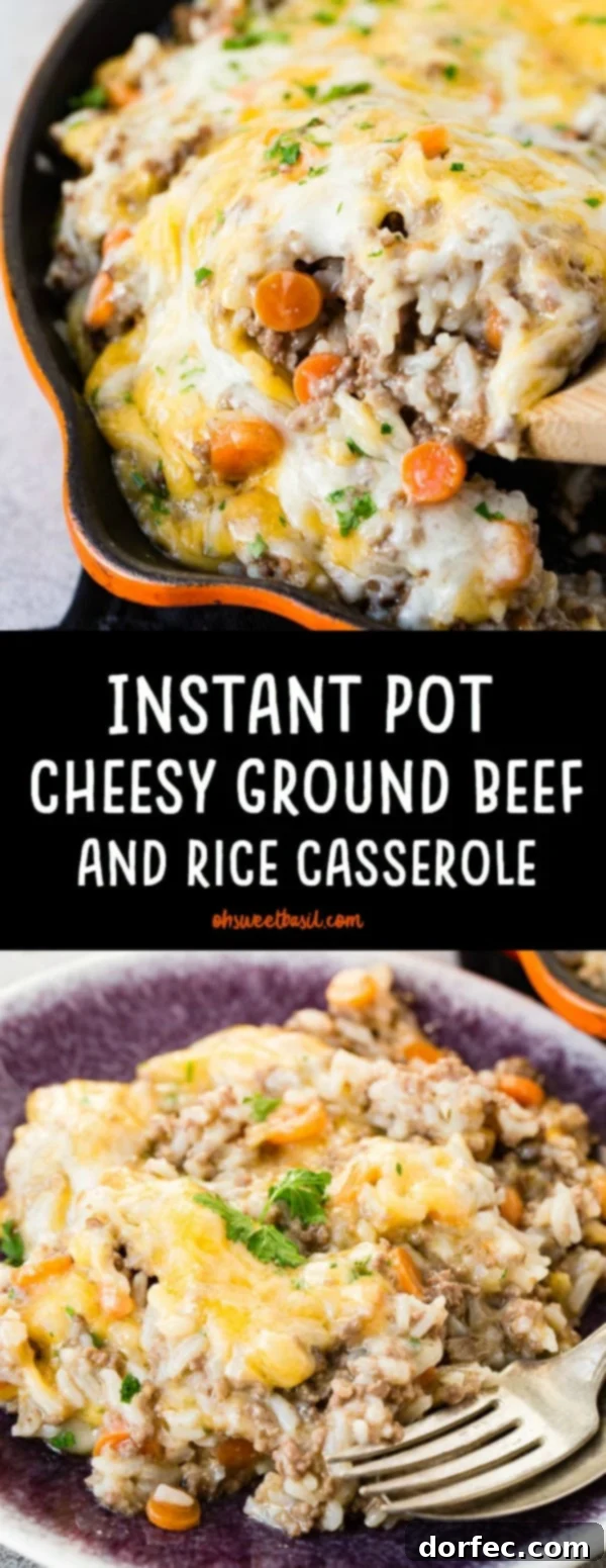 A photo of a scoop of cheesy ground beef and rice casserole being removed from an orange casts iron skillet with a wooden spoon.