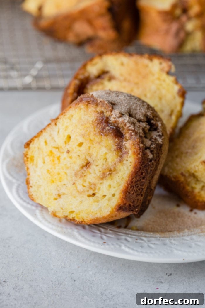 A delectable slice of brown sugar cinnamon bundt cake with its golden-brown exterior and intricate cinnamon sugar swirls inside.