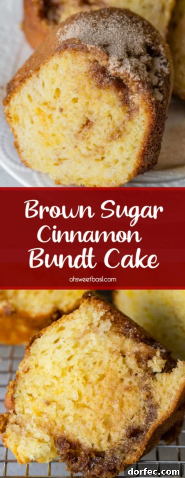 A vibrant close-up of a slice of brown sugar cinnamon bundt cake, highlighting the delicious cinnamon sugar topping and the moist, swirled interior.