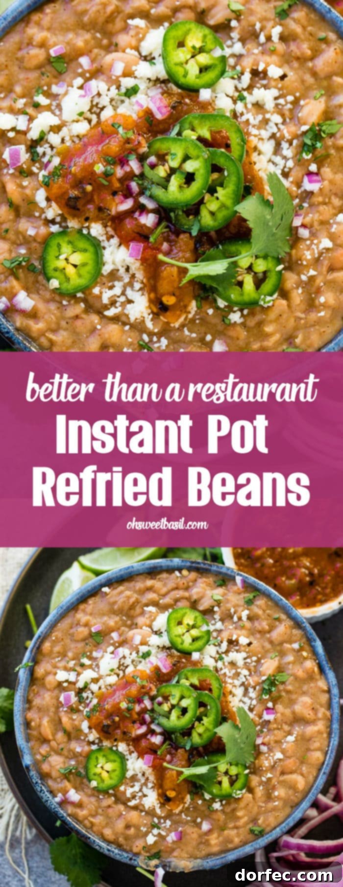A photo of a dark blue bowl full of refried beans topped with fresh sliced jalapeno, diced purple onion, cotija cheese, and salsa.