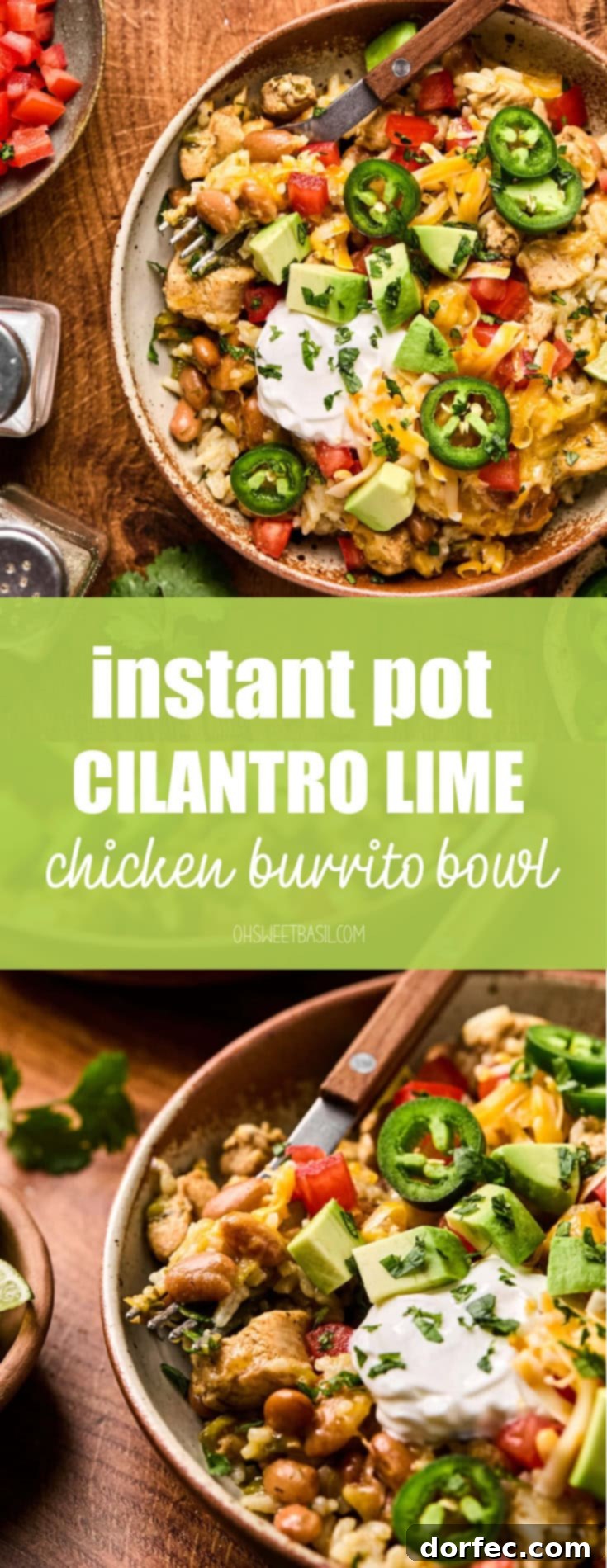 Flavor-Packed Instant Pot Cilantro Lime Chicken Burrito Bowls 15 A vibrant and flavorful Instant Pot Cilantro Lime Chicken Burrito Bowl in a wooden serving bowl, adorned with fresh sliced jalapeños, a dollop of sour cream, and creamy avocado.