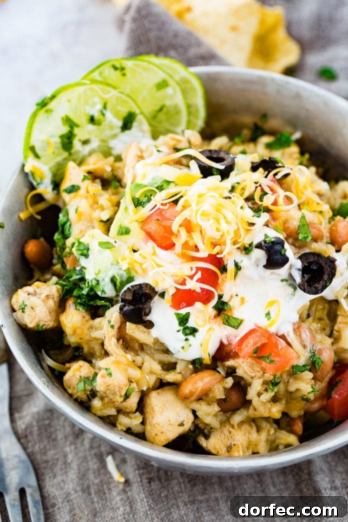 Flavor-Packed Instant Pot Cilantro Lime Chicken Burrito Bowls 16 A silver bowl brimming with Instant Pot Cilantro Lime Chicken and Rice with pinto beans, garnished with sour cream, sliced olives, grated Colby Jack cheese, chopped fresh cilantro, and lime slices.