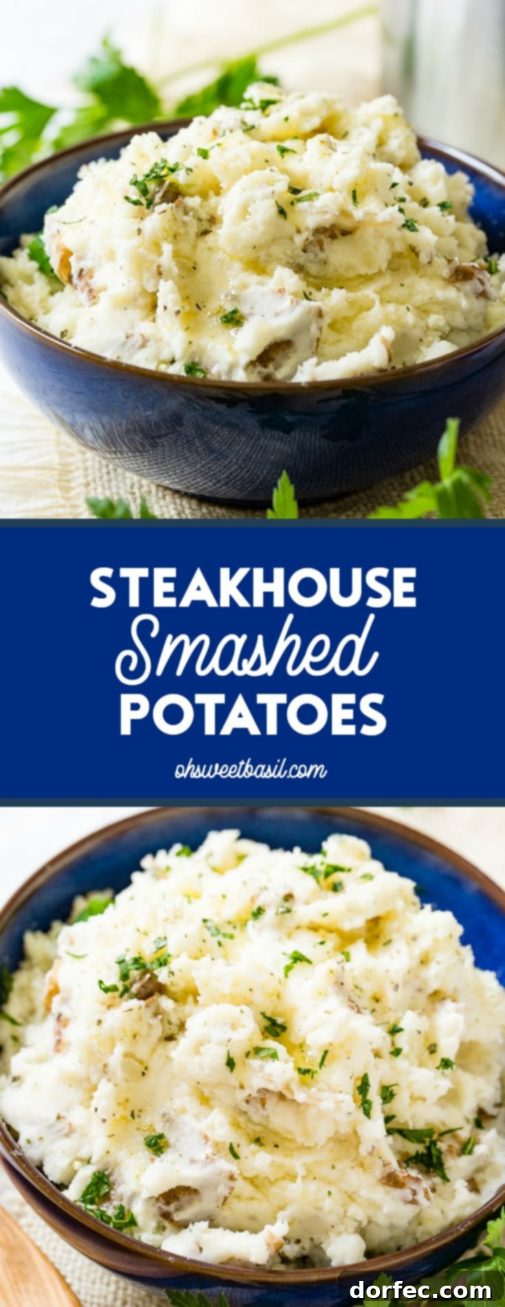 Crispy Smashed Steakhouse Potatoes 6 A large serving bowl, beautifully presented, filled with chunky smashed potatoes and garnished with fresh green parsley.