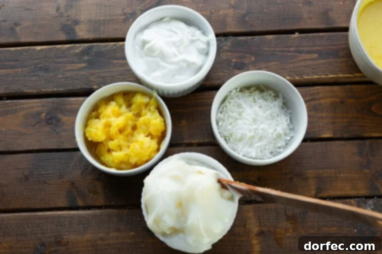 a photo of all the ingredients for a pina colada dipping sauce for ham in separate bowls