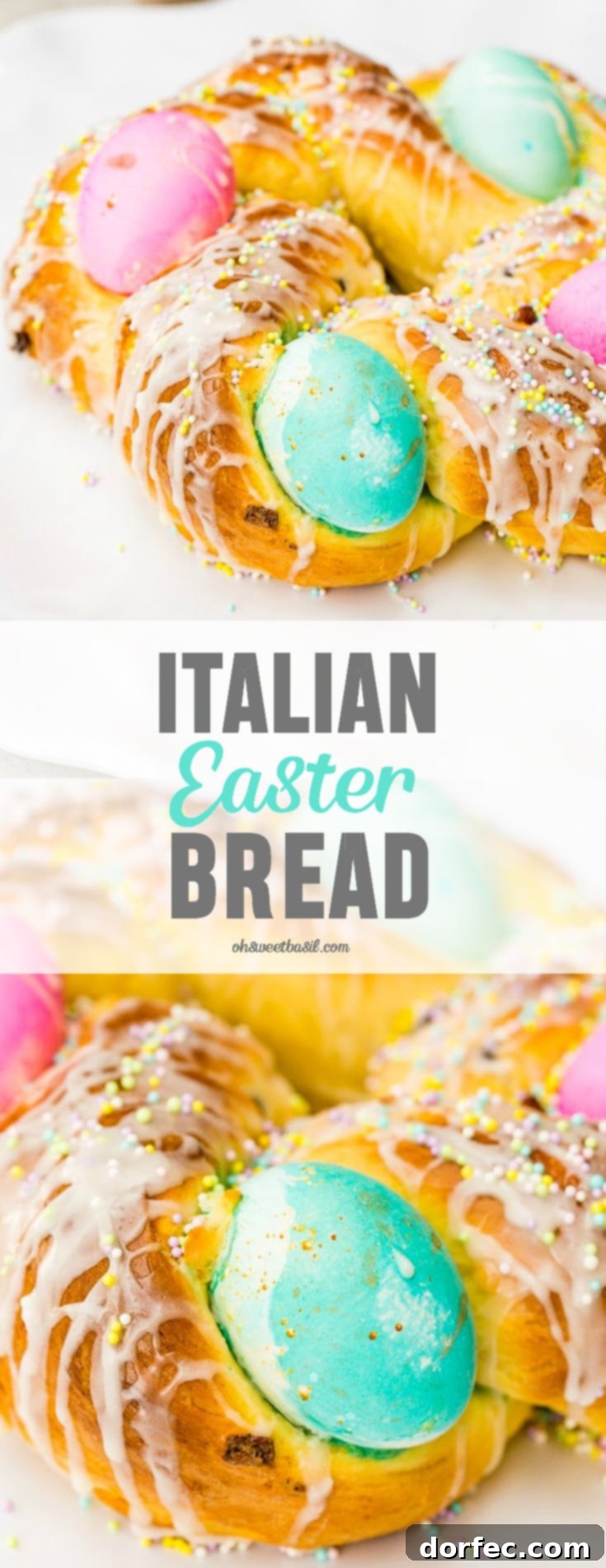 Italian Easter Bread Recipe with Video 6 A photo of Italian Easter bread with bright hard boiled eggs nestled in it, and covered in sprinkles and a sweet glaze.