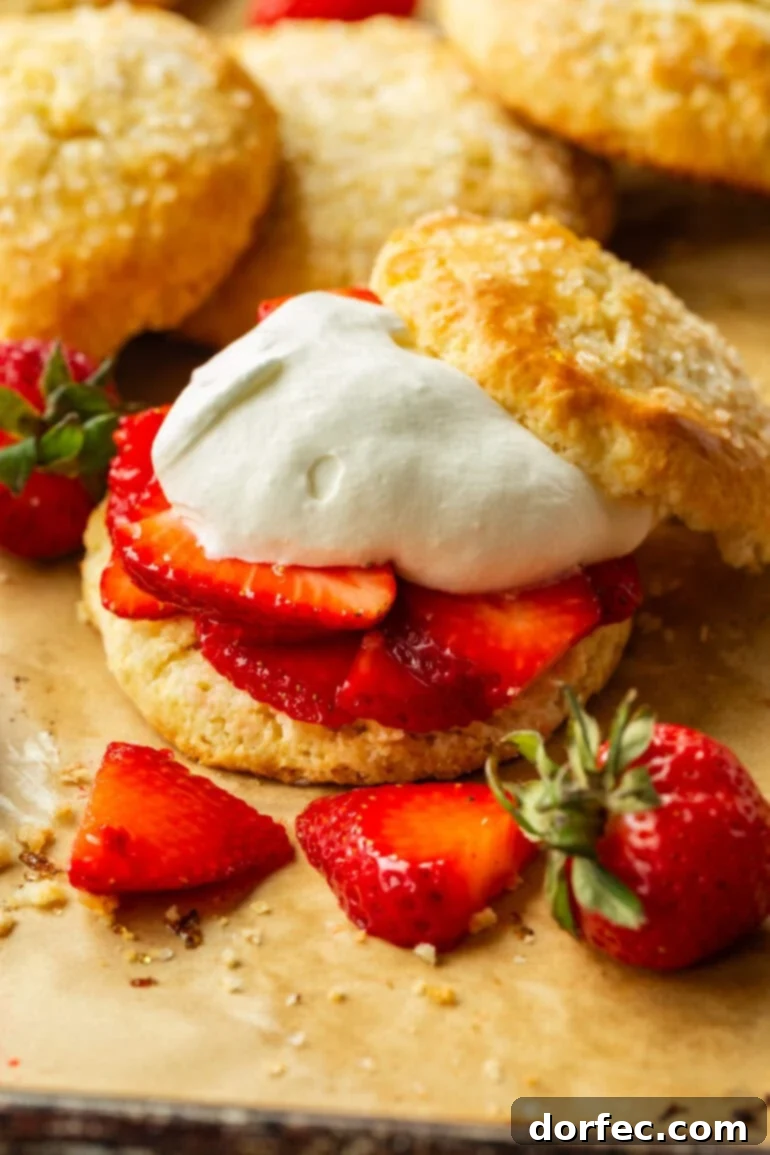A beautifully crafted golden sweet biscuit, split and filled with an abundance of juicy strawberry slices and fluffy, homemade whipped cream.