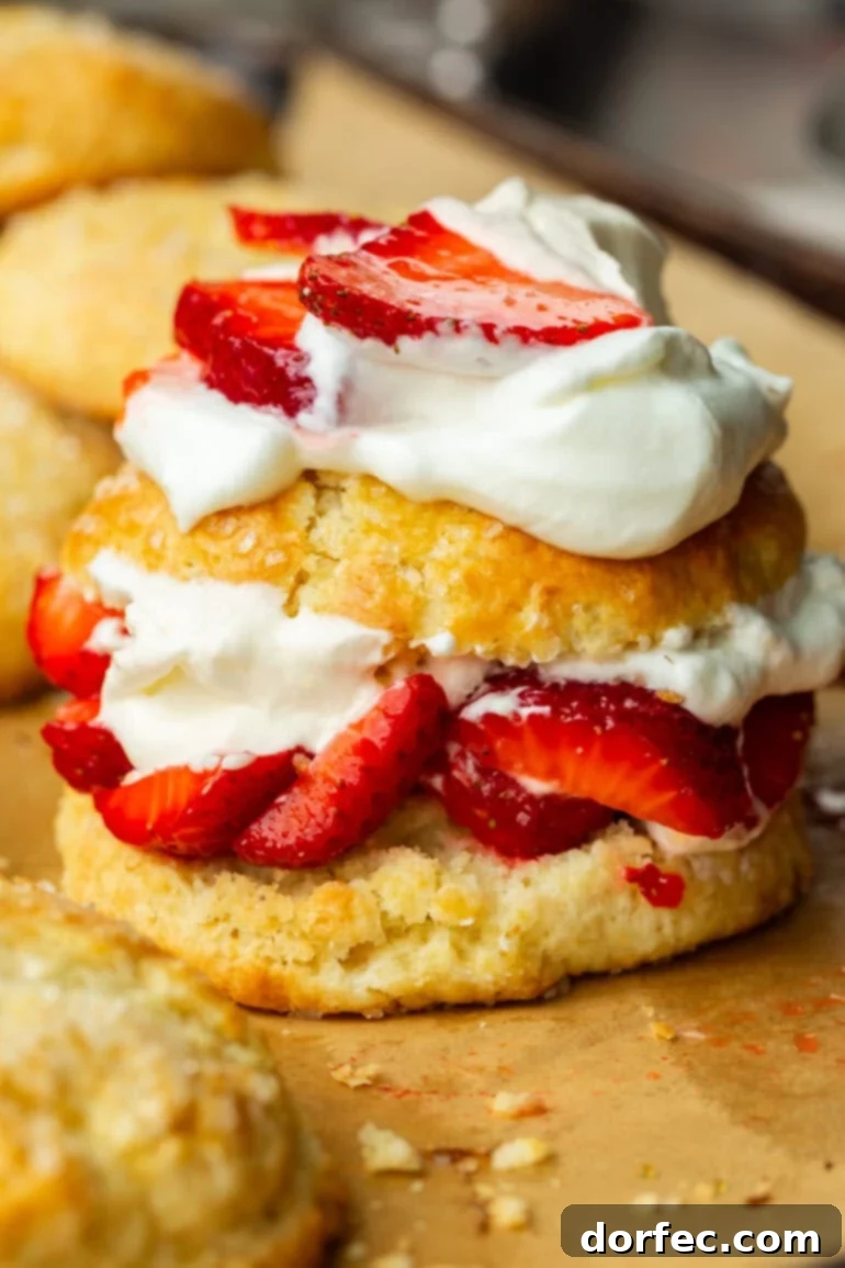 A close-up photo of a golden baked sweet biscuit lavishly filled with glistening strawberry slices and a generous swirl of whipped cream, with extra berries and cream artfully piled on top.