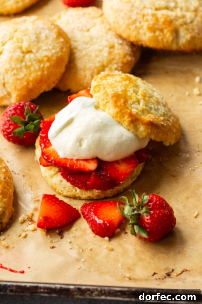A delectable homemade strawberry shortcake, featuring a sweet biscuit piled high with macerated strawberry slices and a generous dollop of whipped cream, with the biscuit top leaning invitingly alongside.