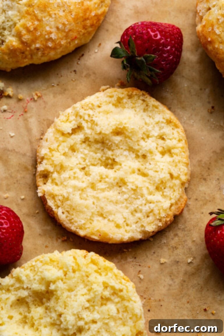 A top-down view of a fluffy golden baked sweet biscuit, carefully split to reveal its tender, layered middle, ready for filling.