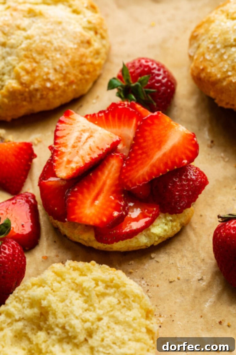 The bottom half of a sweet, golden biscuit, generously topped with an abundant layer of juicy sliced strawberries, glistening with their natural syrup.