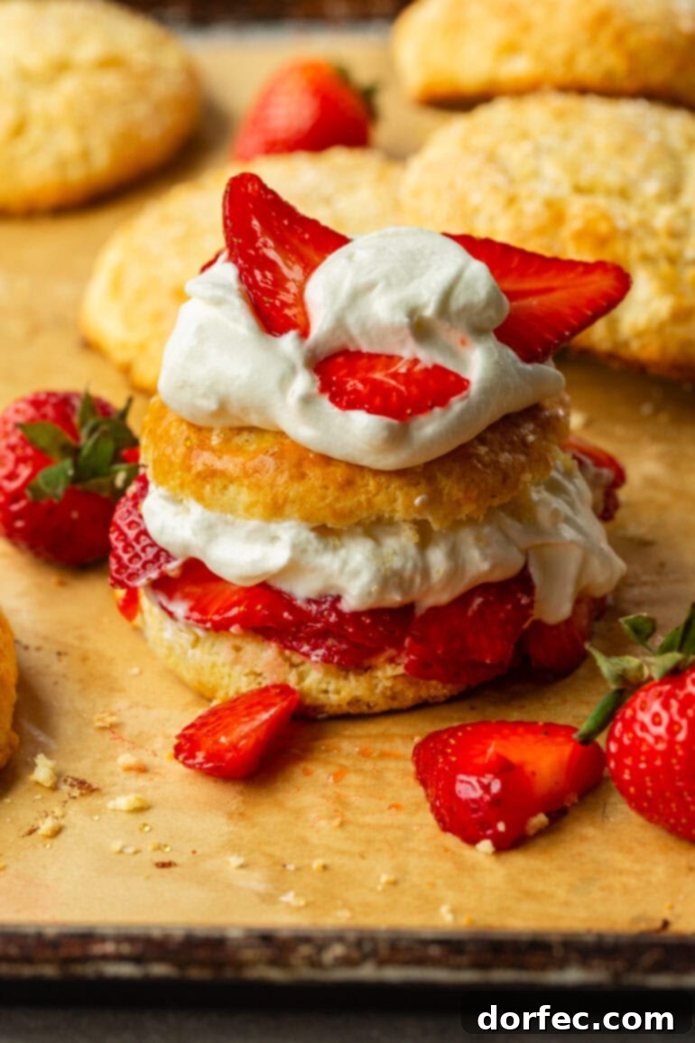 A beautifully plated homemade strawberry shortcake, showcasing a golden sweet biscuit topped with an abundance of juicy sliced strawberries and a generous swirl of fresh whipped cream, ready to be enjoyed.