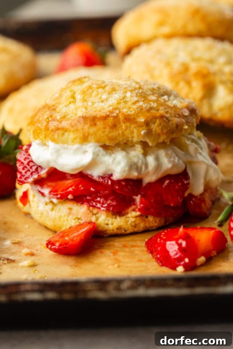 A mouthwatering side view of a golden sweet biscuit generously loaded with glistening strawberry slices and a towering cloud of fluffy whipped cream, inviting you to take a bite.
