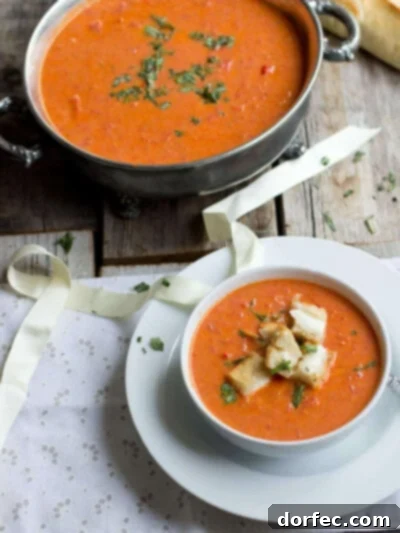Roasted Tomato Basil Soup with mini grilled cheese croutons