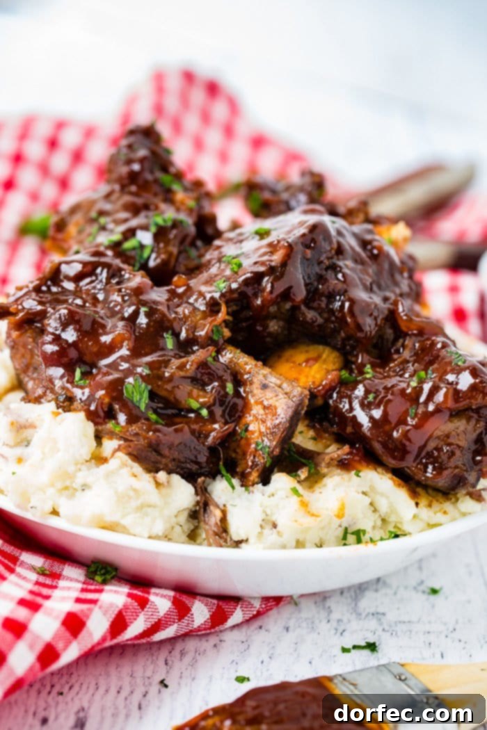 A photo of sticky bbq beef short ribs piled on top of mashed potatoes on a white plate on top of a red and white checkered cloth napkin.
