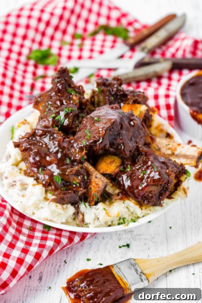 A photo of sticky bbq beef short ribs piled on top of mashed potatoes on a white plate on top of a red and white checkered cloth napkin.