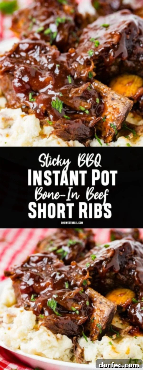 A photo of sticky bbq beef short ribs piled on top of mashed potatoes on a white plate on top of a red and white checkered cloth napkin.