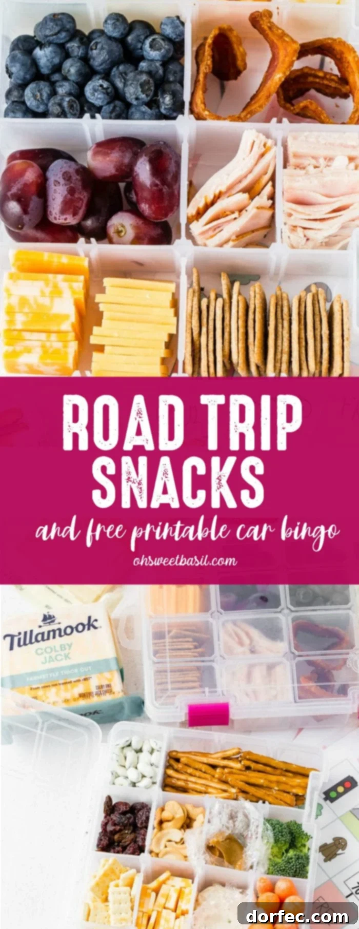 Road Trip Ready Smart Snacks and Fun Printables 16 A craft box, typically used for organizing beads or other supplies, is meticulously filled with a variety of healthy snacks perfect for a road trip. The compartments hold an assortment of nuts, fresh fruits, miniature sandwiches, slices of cheese, and crisp crackers, creating a visually appealing and nutritious snack box.