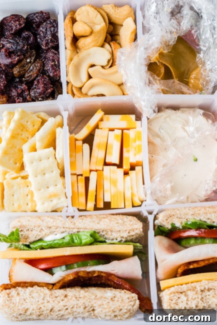 Road Trip Ready Smart Snacks and Fun Printables 4 A close-up view of a multi-compartment craft box, typically repurposed for organization, now filled with an appetizing array of healthy snacks including various nuts, cubed cheese, crisp crackers, and vibrant fruits. Each section holds a different treat, ready for a wholesome road trip.