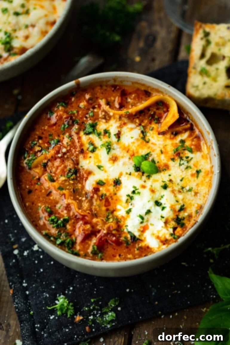 A Bowl of Lasagna Bliss 9 A generous bowl of lasagna soup, crowned with golden melted cheese and fresh herbs, perfect for a cozy meal without the fuss of traditional lasagna.
