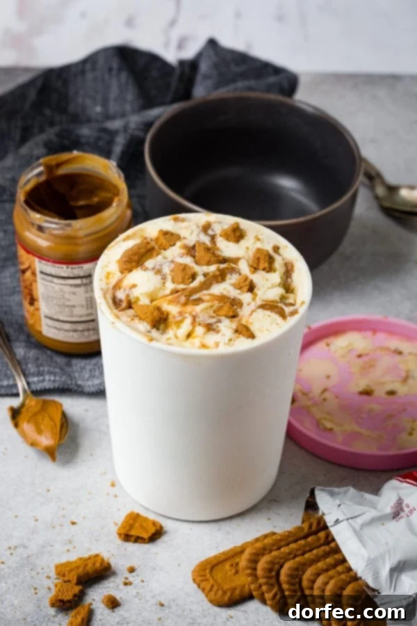 A container of Biscoff cookie butter homemade ice cream sits beside a jar of cookie butter and a spoon laden with the sweet spread.