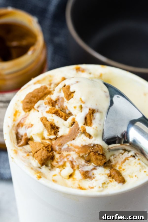 A container of Biscoff cookie butter homemade ice cream being scooped, showcasing its creamy texture and delicious inclusions.