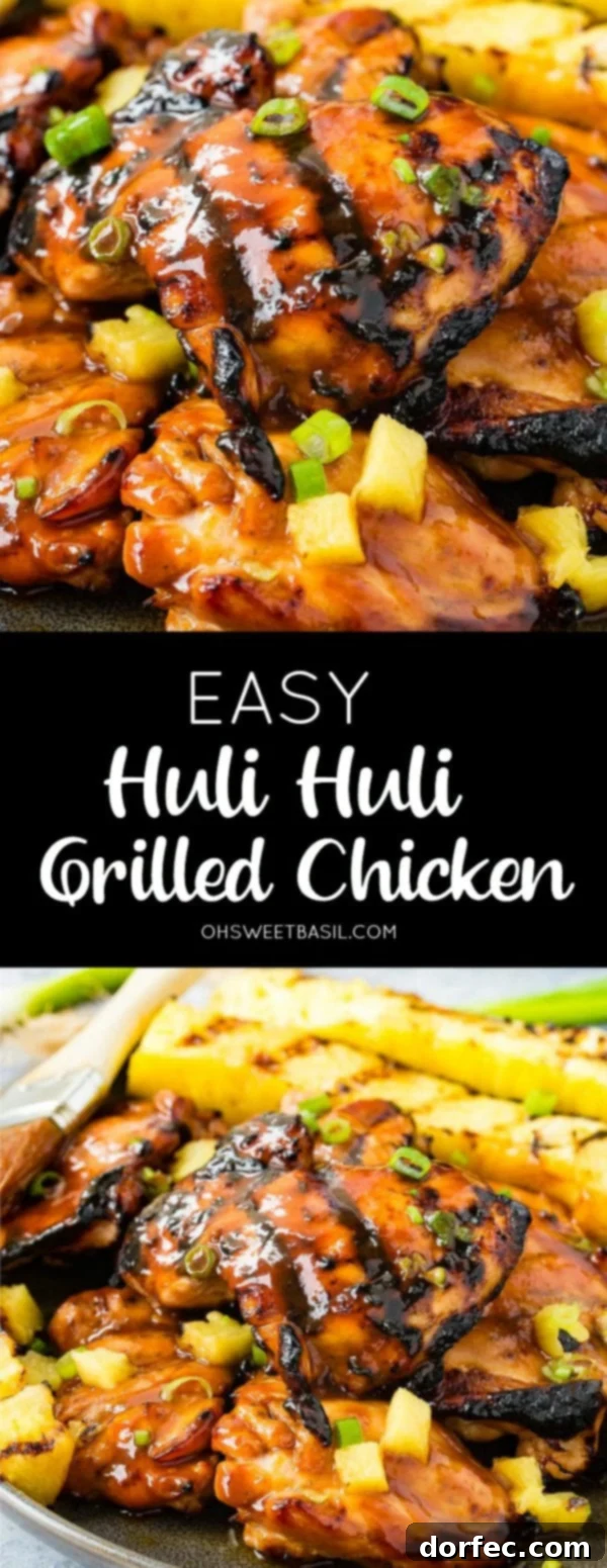 A photo of grilled huli huli chicken with grilled pineapple in the background.