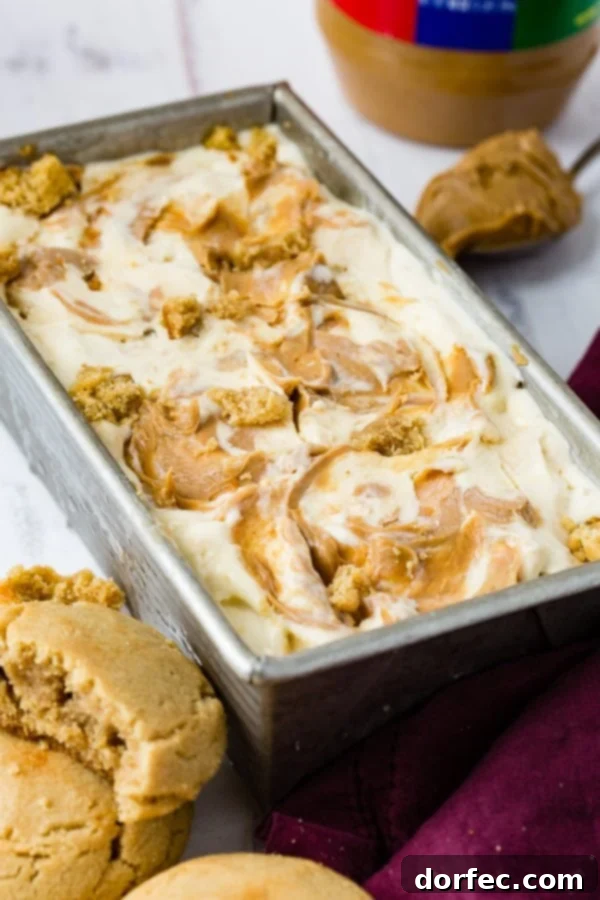A pan of homemade peanut butter cookie ice cream drizzled with creamy peanut butter on top and full of cookie chunks.