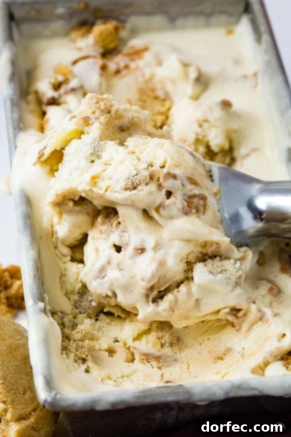 A scoop in a pan of homemade peanut butter cookie ice cream drizzled with creamy peanut butter on top and full of cookie chunks.