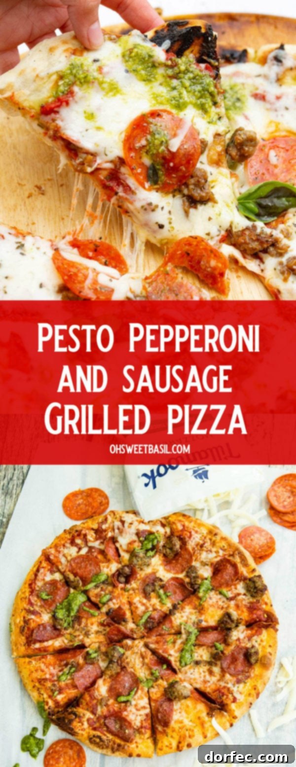 A photo of a piece of pesto pepperoni grilled pizza being pulled away from the whole pizza.