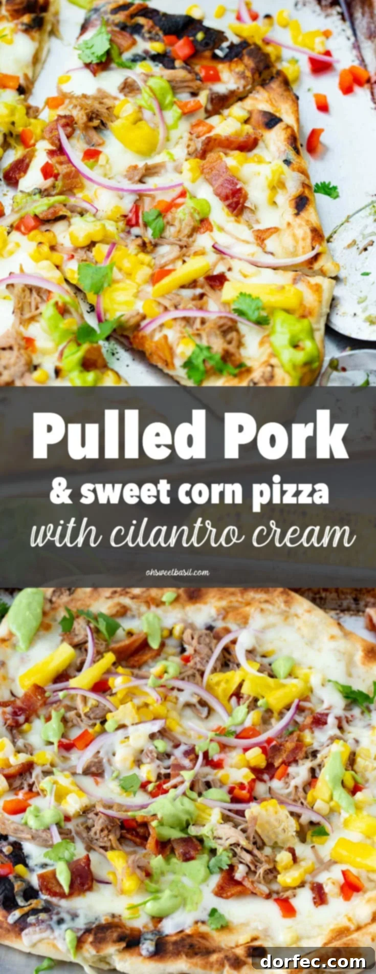 Pulled Pork and Sweet Corn Pizza with Cilantro Crema 2 A photo of pulled pork pizza covered in sweet corn, red onions, pinapple, bacon, and fresh cilantro.