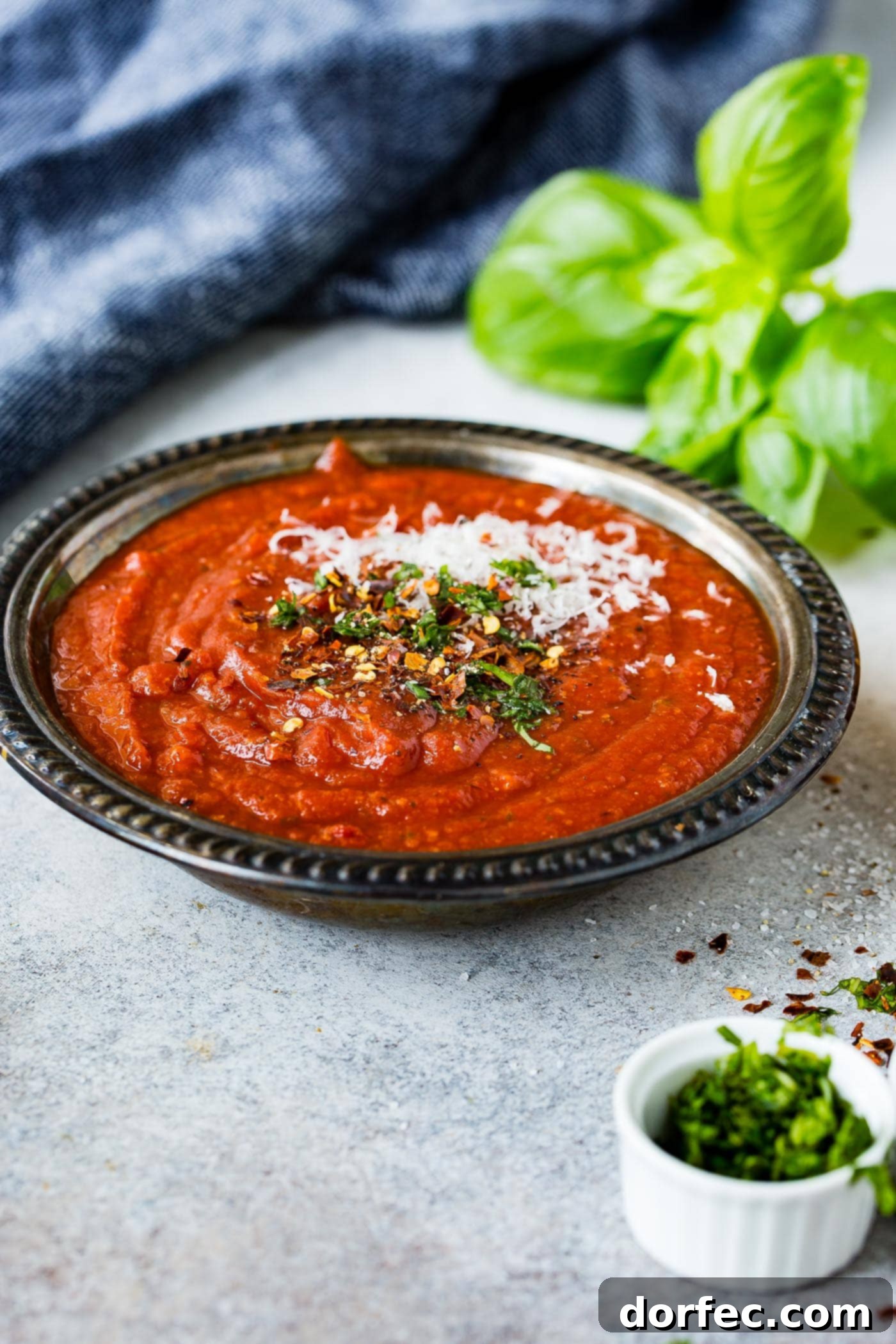 A black bowl containing pizza sauce. Cheese and herbs are sprinkled on top of the sauce and fresh basil is in the background.