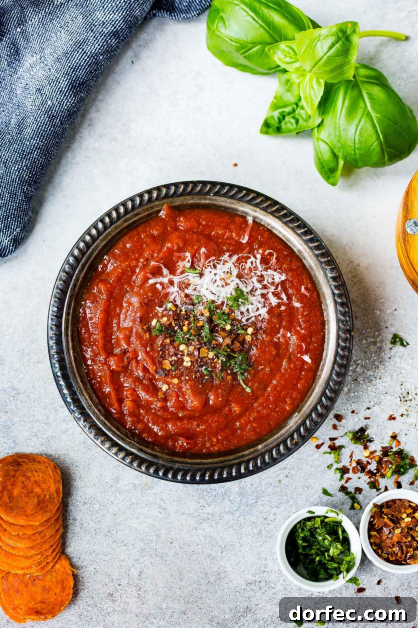 A bowl of homemade pizza sauce. The sauce is sprinkled with cheese and fresh herbs. Fresh basil and herbs are on the table next to the pizza sauce.
