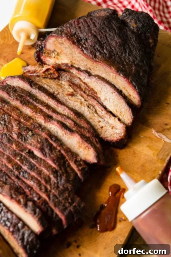 A photo of perfectly smoked brisket sliced and sitting on a wooden cutting board with bottles of BBQ sauce laying next to it.