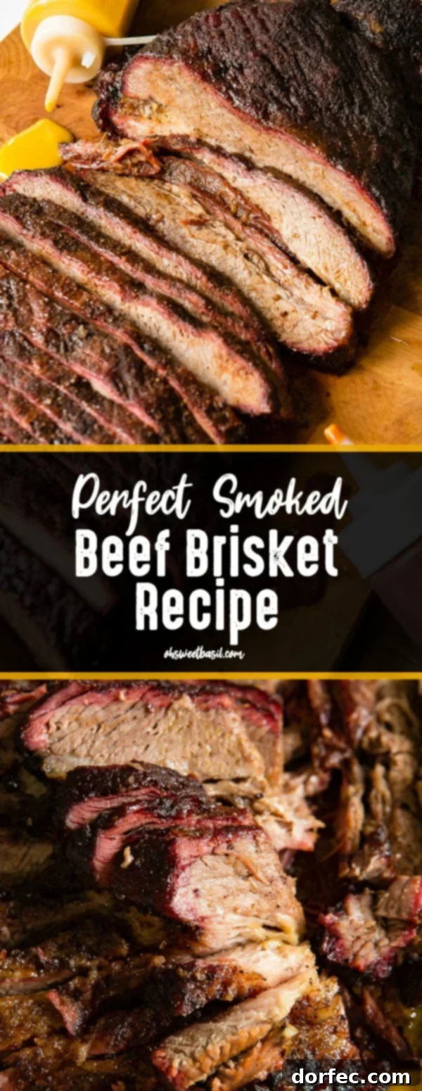 A photo of perfectly smoked brisket sliced and sitting on a wooden cutting board with bottles of BBQ sauce laying next to it.