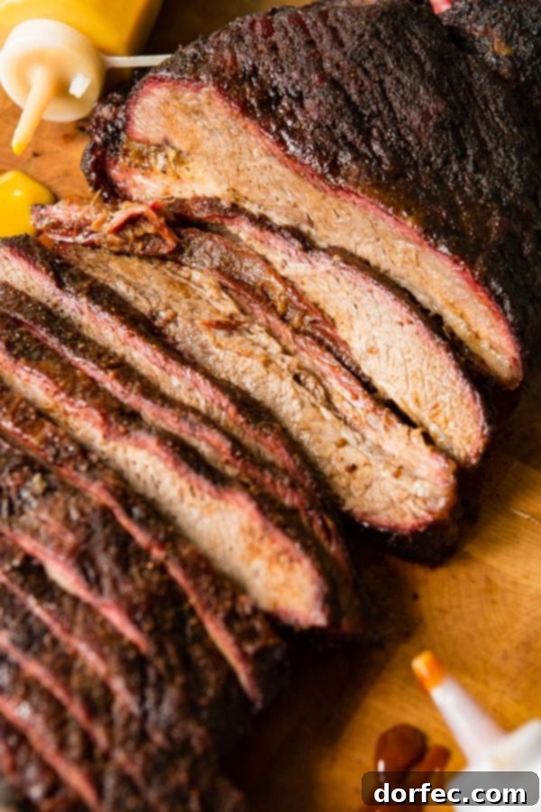 A photo of perfectly smoked brisket sliced on a wooden cutting board.