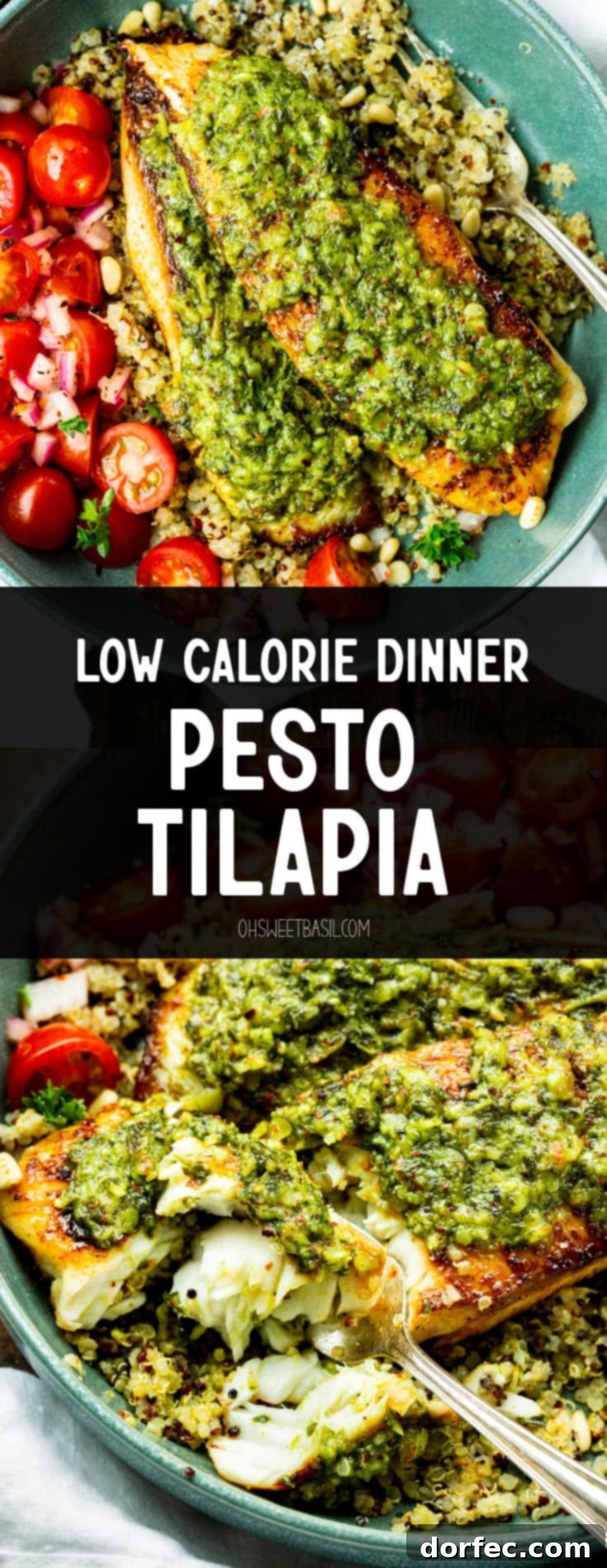 Light and Lean Pesto Tilapia Dinner 6 Two vibrant Pesto Tilapia fillets, nestled on a bed of wholesome multicolored quinoa, showcasing a beautifully balanced and appetizing meal.