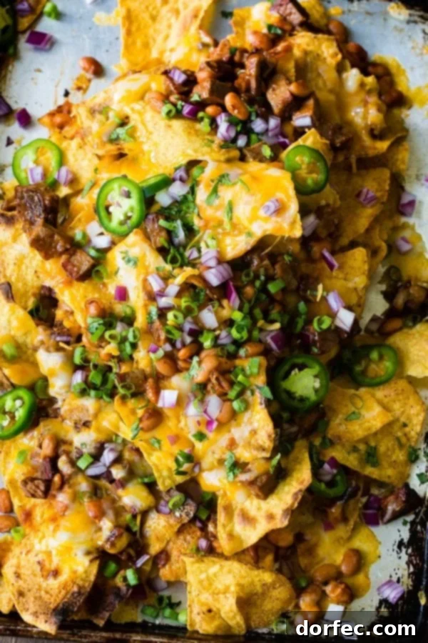 A vibrant photo of loaded BBQ brisket nachos, generously topped with melted cheese, sliced jalapenos, diced red onion, and fresh chopped cilantro, ready to be served.