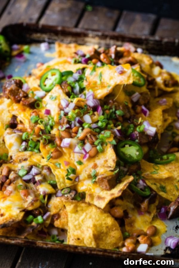 A beautiful top-down shot of BBQ brisket nachos, richly covered in melted cheese, fresh jalapenos, diced red onion, and chopped cilantro, ready for a feast.