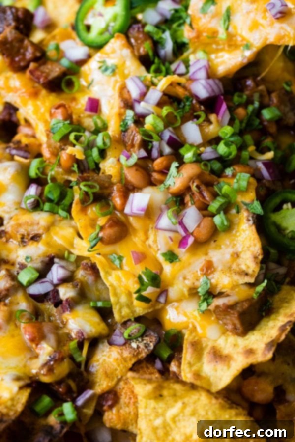 A party-ready spread of BBQ brisket nachos, heaped high with cheese, jalapenos, and cilantro, promising a fun and delicious gathering.