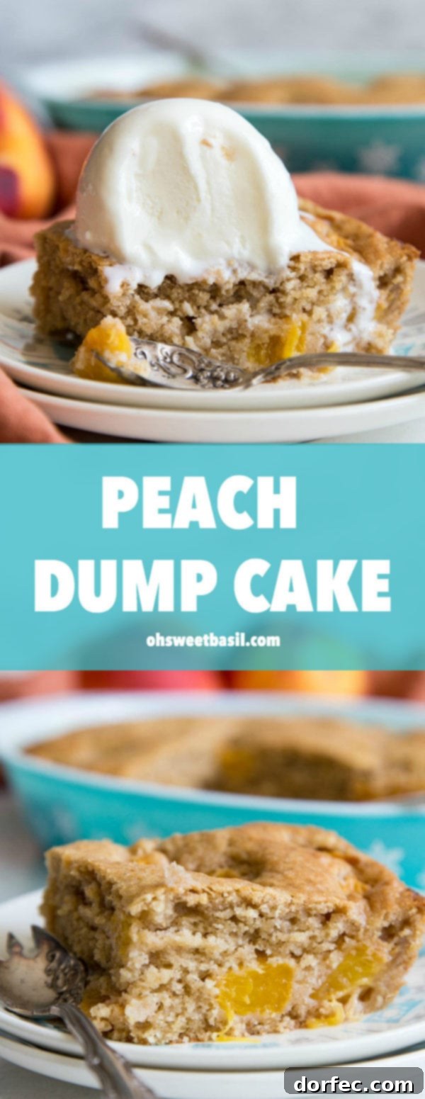 A second view of a slice of warm peach dump cake on a plate, showcasing the juicy peach filling and tender cake layer.