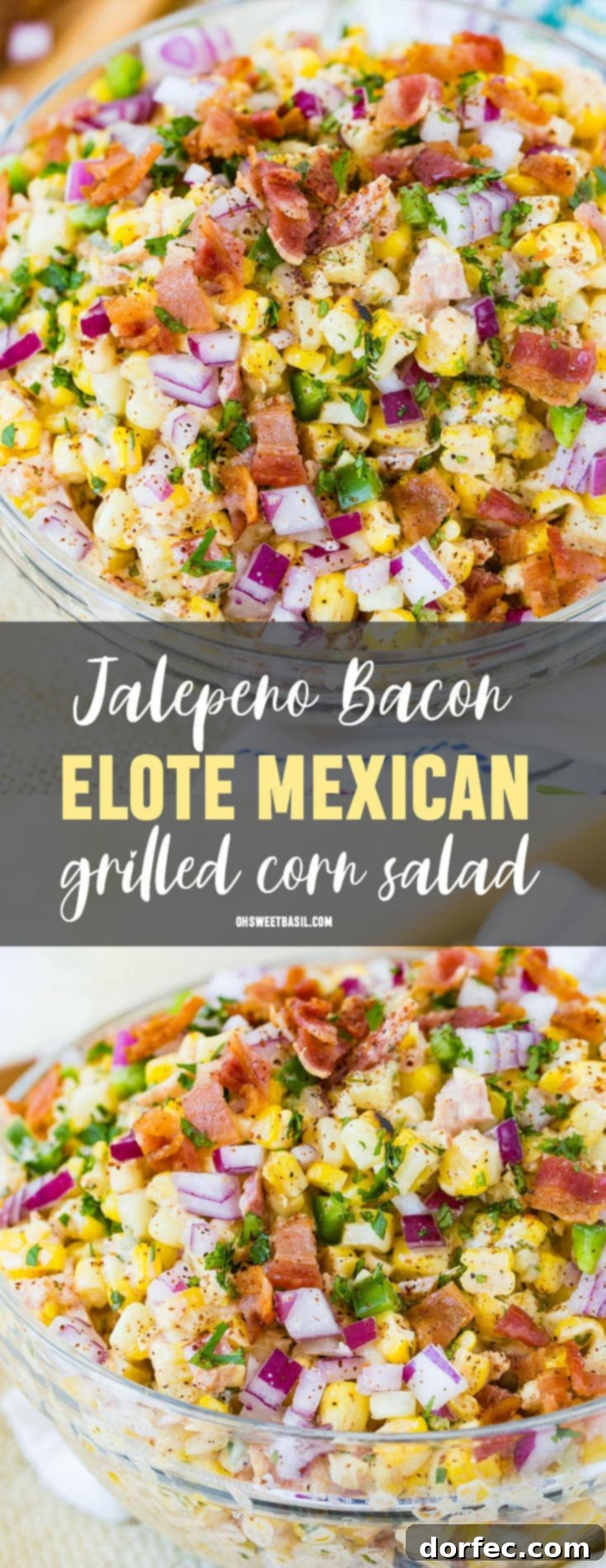 A bowl of Mexican corn salad topped with bacon and jalapeno.