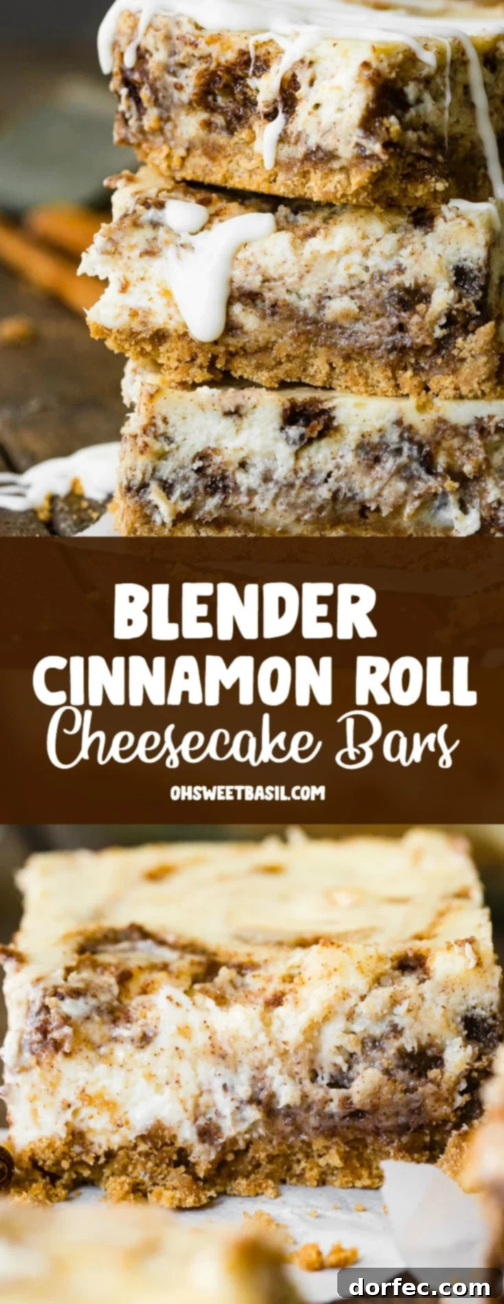 A photo of three cinnamon roll cheesecake bars stacked on top of each other, ready to be enjoyed.