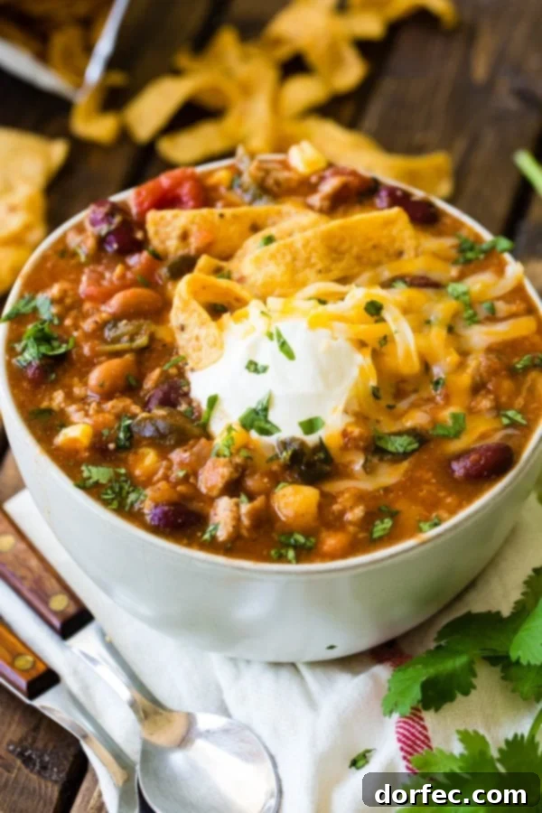 Delicious Blender Taco Chili A vibrant bowl of Taco Chili, garnished with crispy Fritos, a dollop of creamy sour cream, and fresh chopped cilantro, ready to be enjoyed.