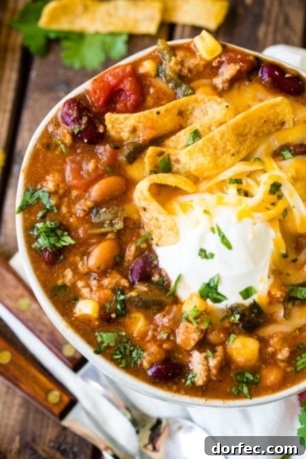 Blender Taco Chili A top-down view of a generously portioned bowl of Taco Chili, adorned with a scattering of Fritos, a creamy dollop of sour cream, and a garnish of fresh chopped cilantro.