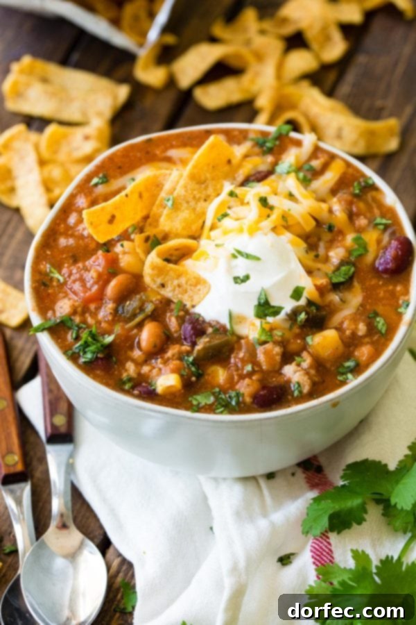 Blender Taco Chili A hearty bowl of Taco Chili, generously topped with golden Fritos, a swirl of cool sour cream, and a garnish of vibrant cilantro, inviting a warm and satisfying meal.