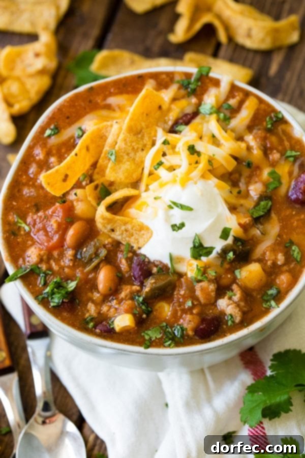 Blender Taco Chili A full bowl of Taco Chili, artfully topped with golden Fritos, a generous swirl of cool sour cream, and a sprinkle of vibrant fresh cilantro, promising a delightful culinary experience.