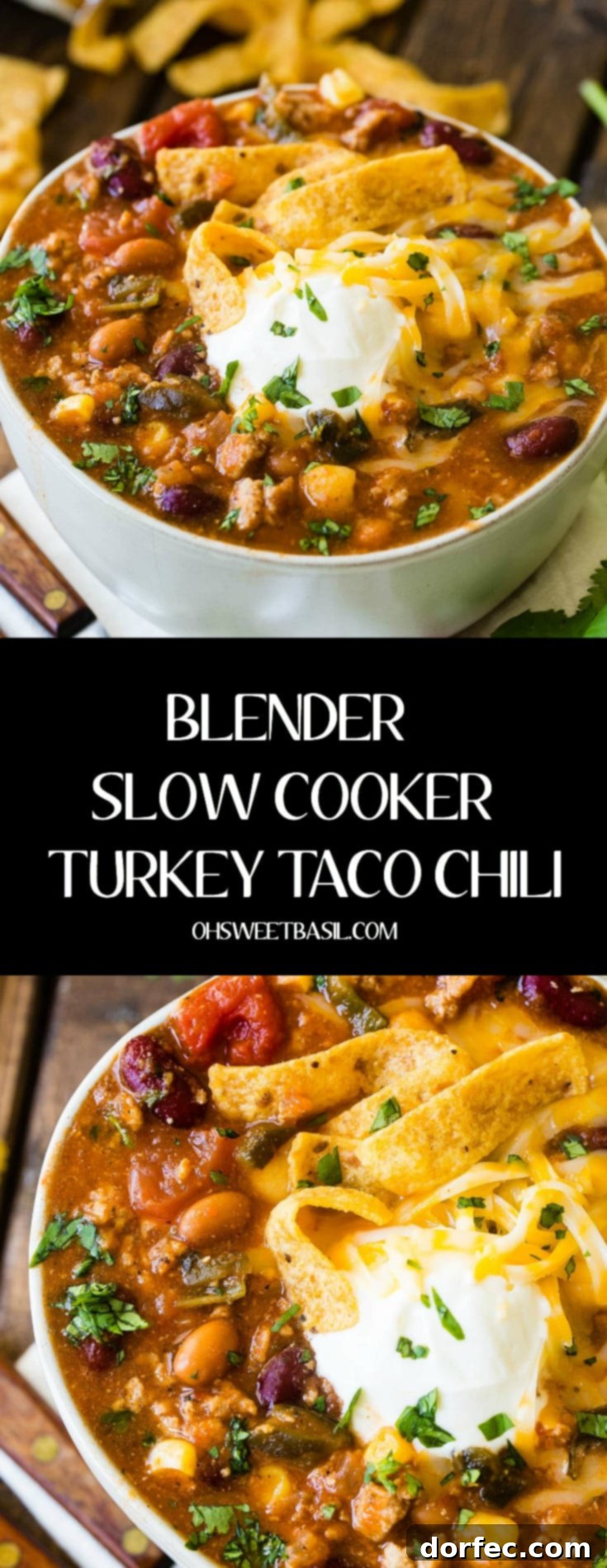 Easy Blender Prep Slow Cooker Turkey Taco Chili 3 A top-down view of a delightful bowl of Taco Chili, beautifully adorned with golden Fritos, a generous dollop of sour cream, and a scattering of fresh chopped cilantro.