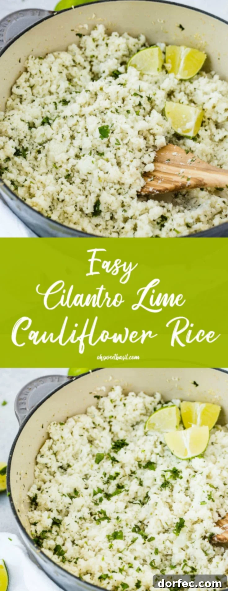 A close-up photo of a pot filled with Cilantro Lime Cauliflower Rice, garnished with bright lime wedges.