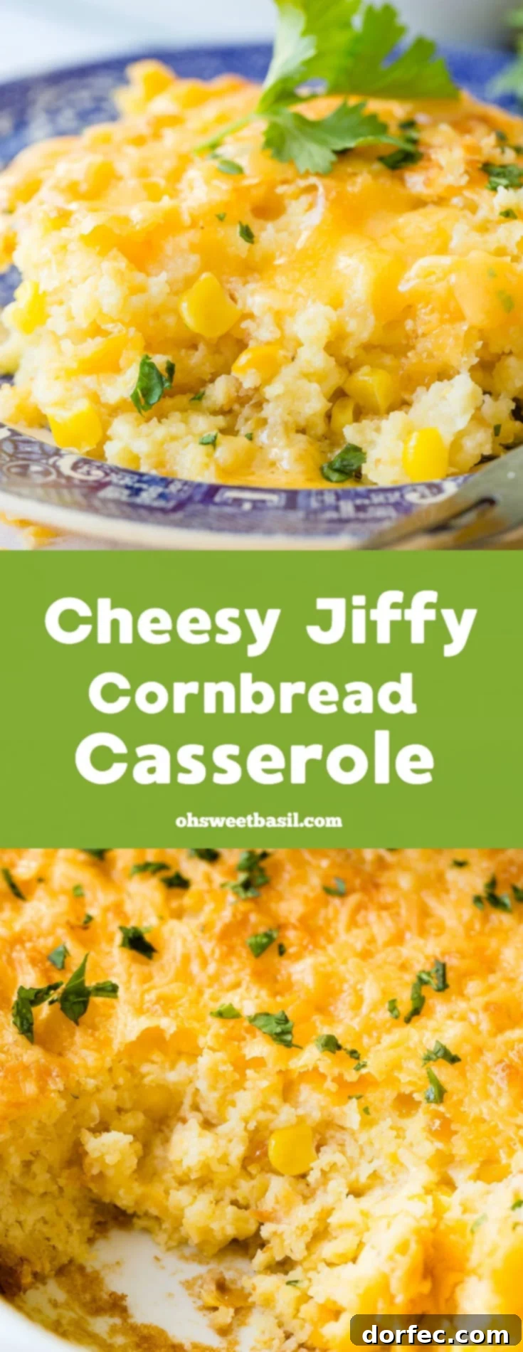 A close-up shot of a serving of cheesy Jiffy corn casserole on a blue and white plate, with a fork poised to scoop, emphasizing its inviting texture.